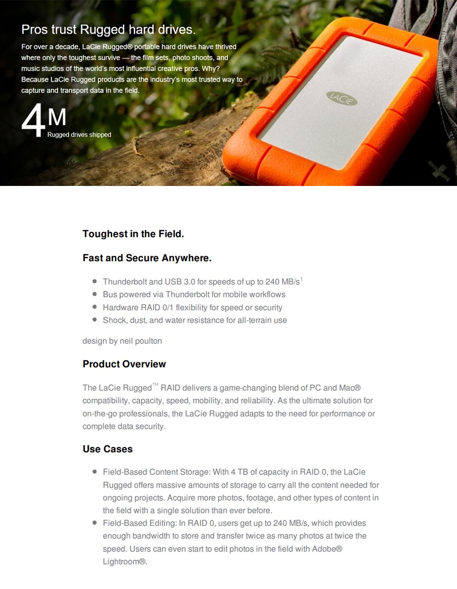 LaCie 4TB Rugged RAID USB 3.0 Portable HDD with Integrated Thunderbolt Cable - Desktop Overview 1