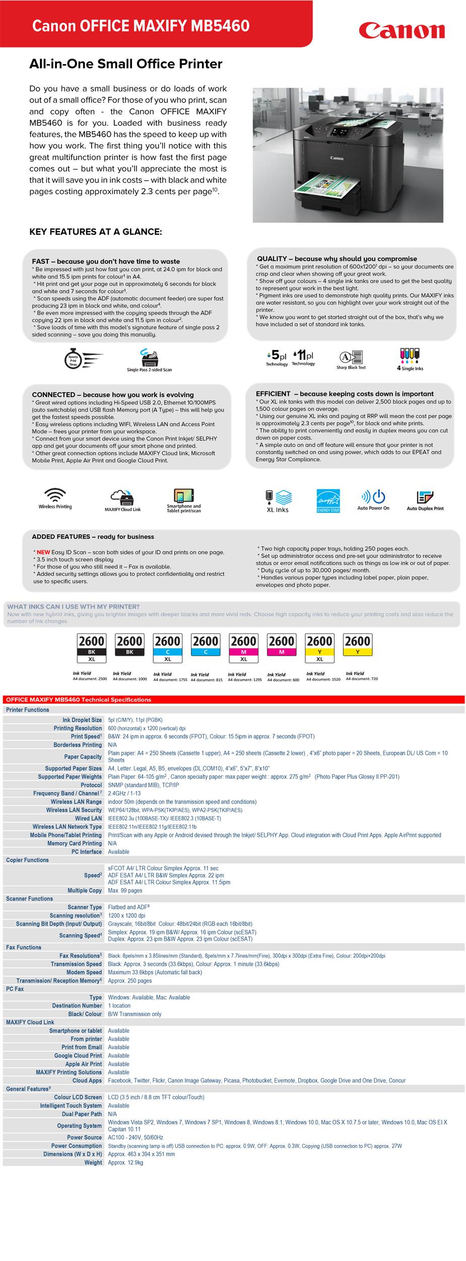 Canon OFFICE MAXIFY MB5460 A4 Wireless Colour Multifunction Inkjet