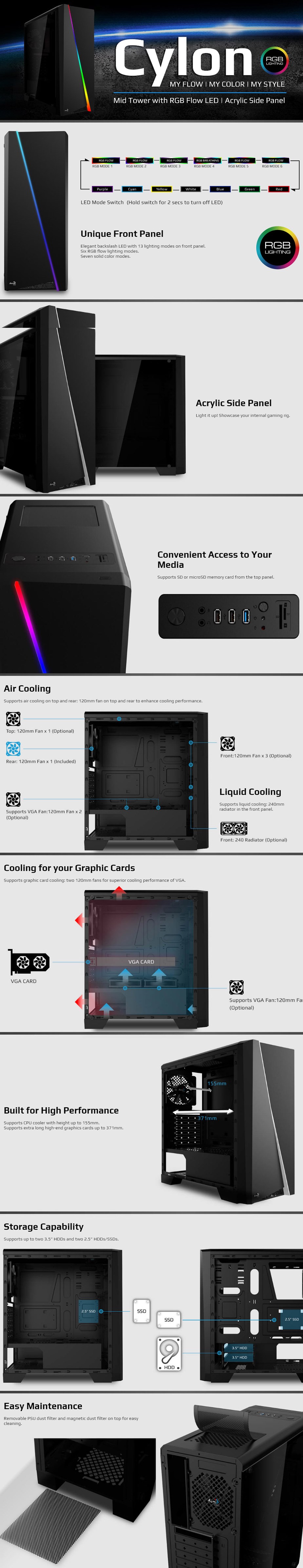 Aerocool Cylon RGB Mid-Tower ATX Case - Black - AER-CYLON-RGB-BK | Mwave