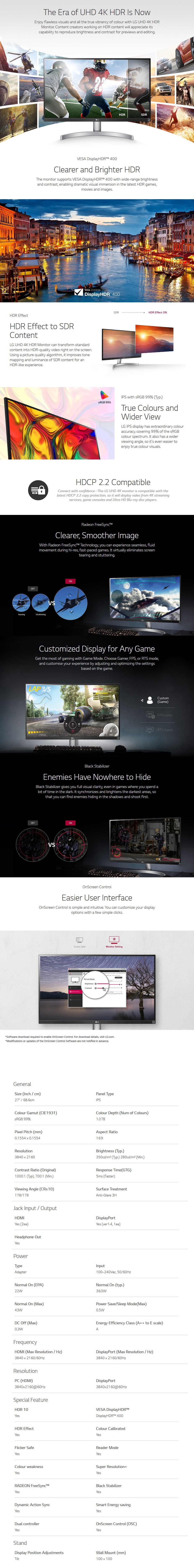 LG 27UL600-W 27" 4K UHD HDR400 FreeSync IPS Monitor - Desktop Overview 1