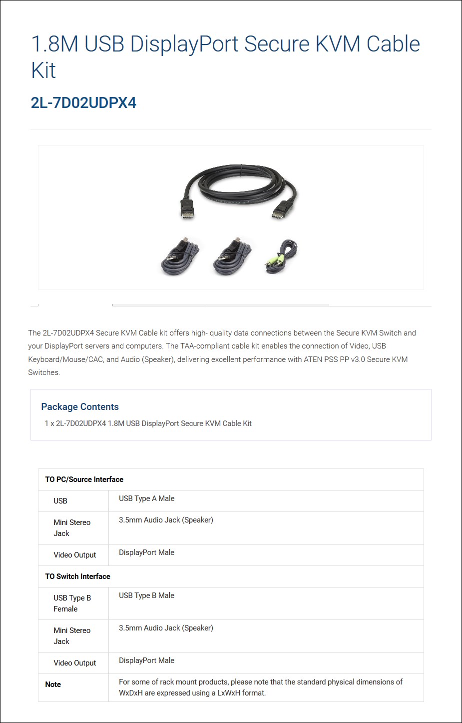 ATEN 2L-7D02UDPX4 1.8M USB DisplayPort Secure KVM Cable Kit - Desktop Overview 1