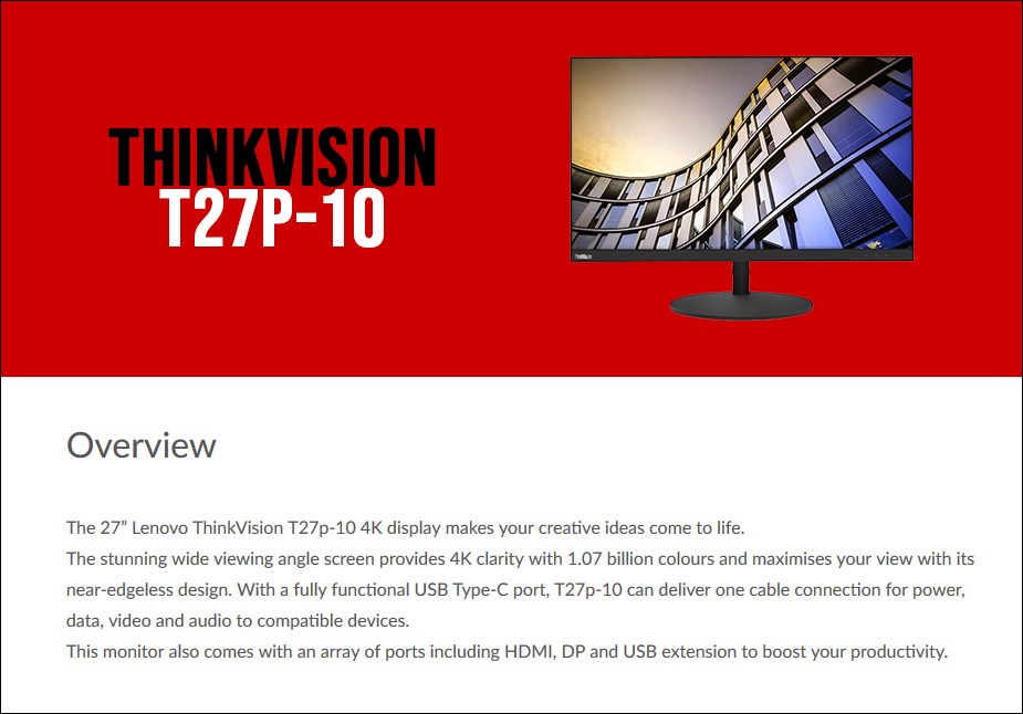 Lenovo ThinkVision T27p-10 27" 4K UHD Ergonomic USB-C IPS Monitor - Overview 1