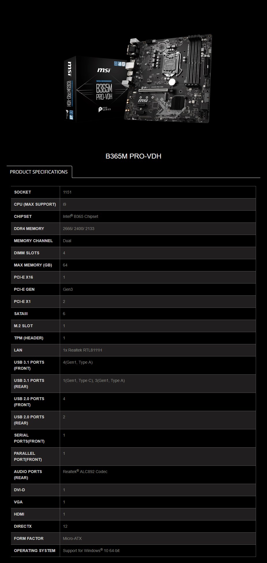 MSI B365M PRO-VDH LGA 1151 Micro-ATX Motherboard - Overview 2
