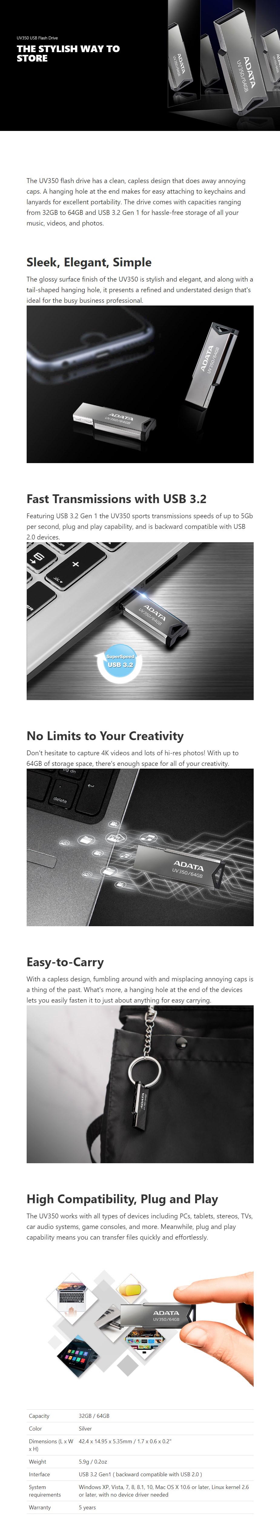 ADATA 64GB UV350 USB 3.2 Flash Drive - Silver - AUV350-64G-RBK | Mwave