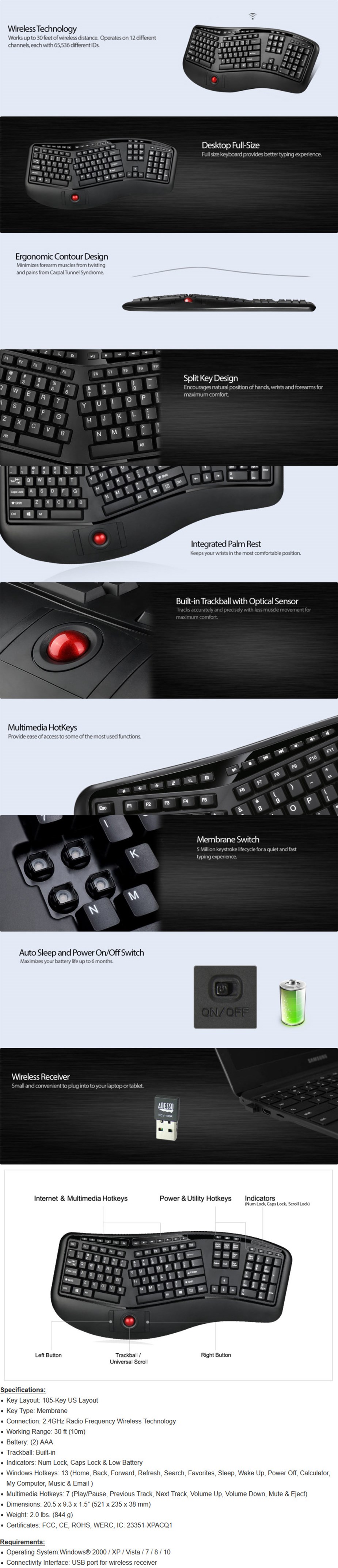Adesso Wireless TruForm Media 3500 Ergonomic Split Keyboard with ...