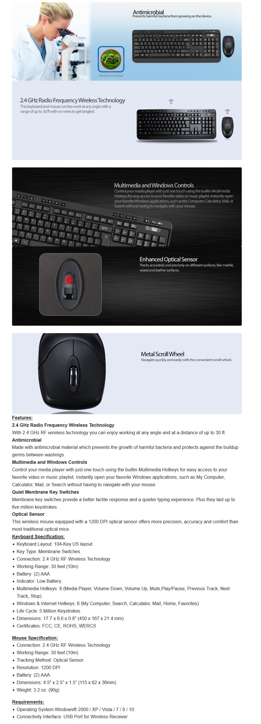 Adesso WKB-1320CB Antimicrobial Wireless Desktop Keyboard and Mouse - Overview 1