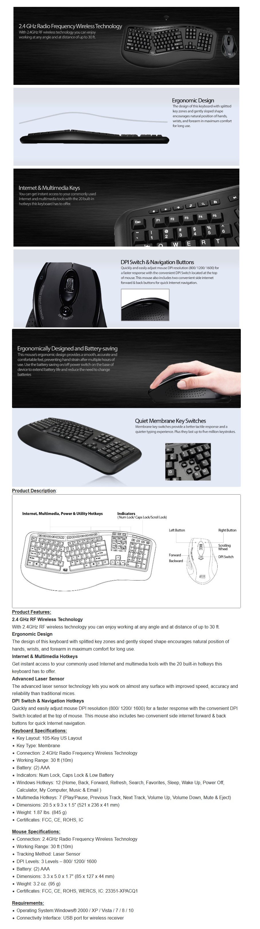 Adesso WKB-1500GB Wireless Ergonomic Keyboard and Laser Mouse Combo - Overview 1