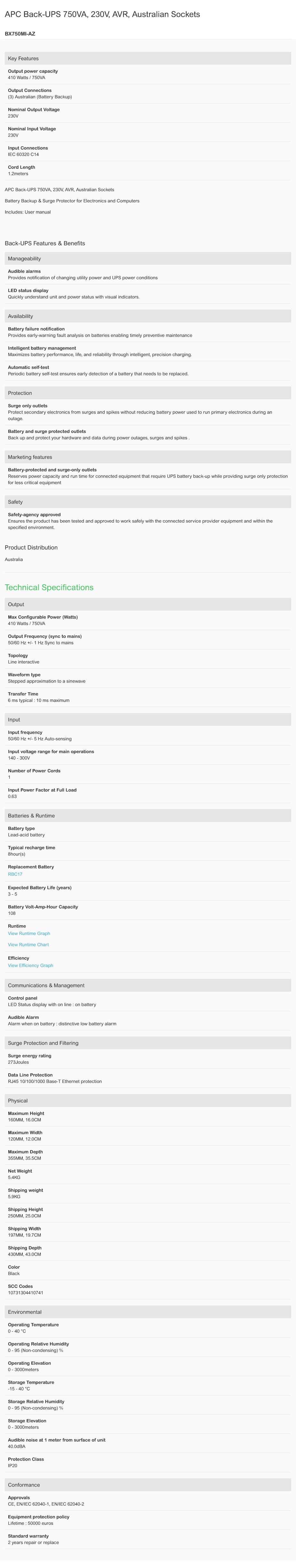 APC BX750MI-AZ Back-UPS 750VA 230V Line Interactive 3 Output - Desktop Overview 1