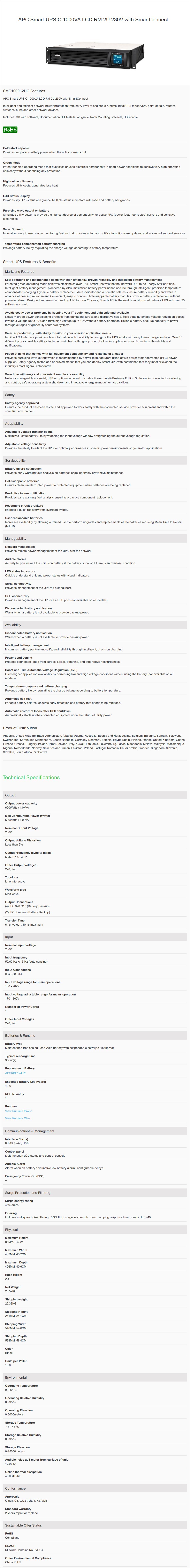 APC SMC1000I-2UC 100VA LCD RM 2U 230V SmartConnect UPS - Overview 1