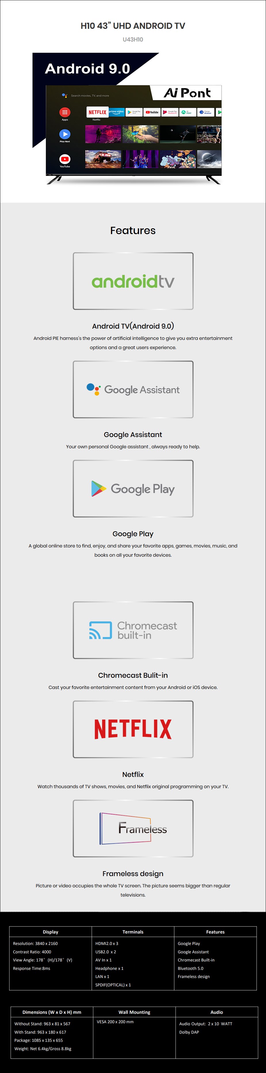 CHiQ H10 Series U43H10 43” 4K UHD Android Smart TV - Overview 1