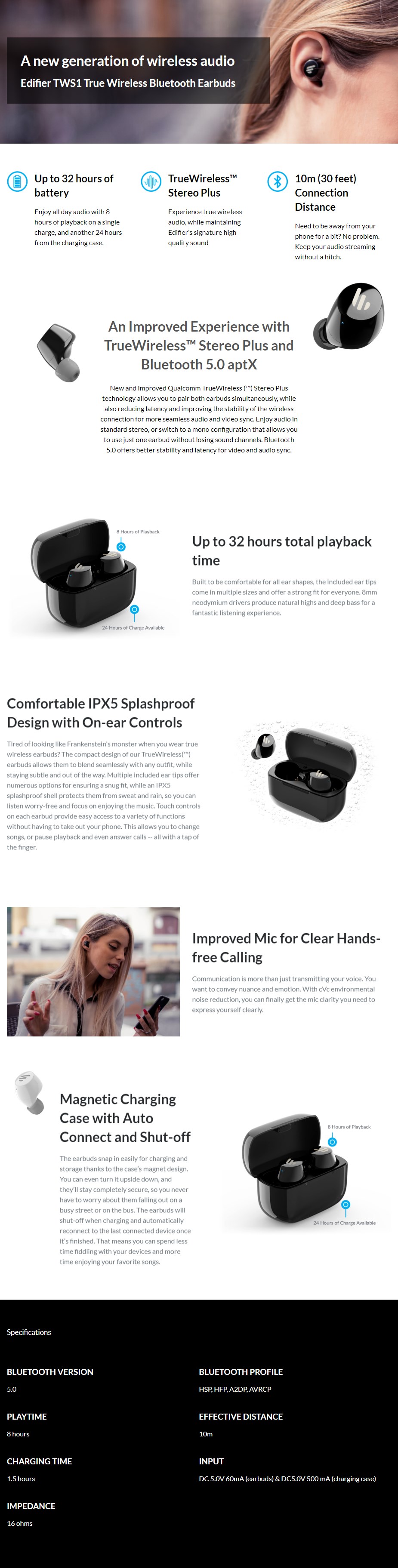 Edifier TWS1 Bluetooth Wireless Earbuds - Black - Overview 1