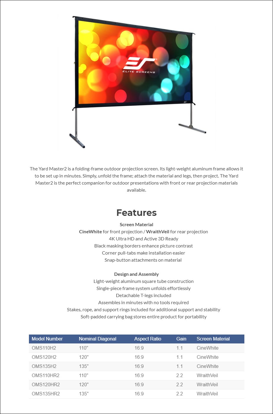 Elite Screens Yard Master 2 Outdoor Front Projection Screen - Overview 1
