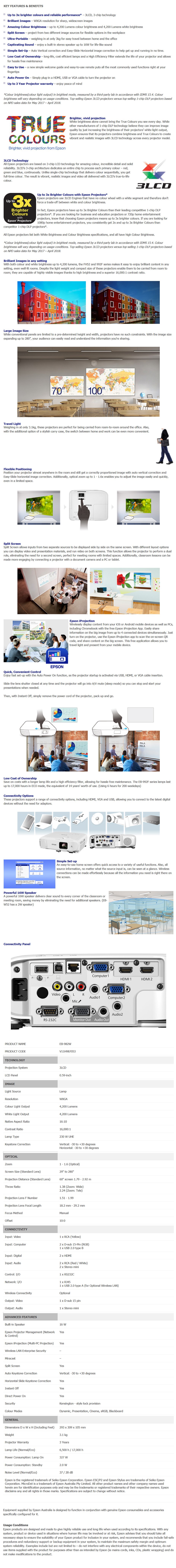 Epson EB-982W WXGA 3LCD Corporate Portable Multimedia Projector - Overview 1