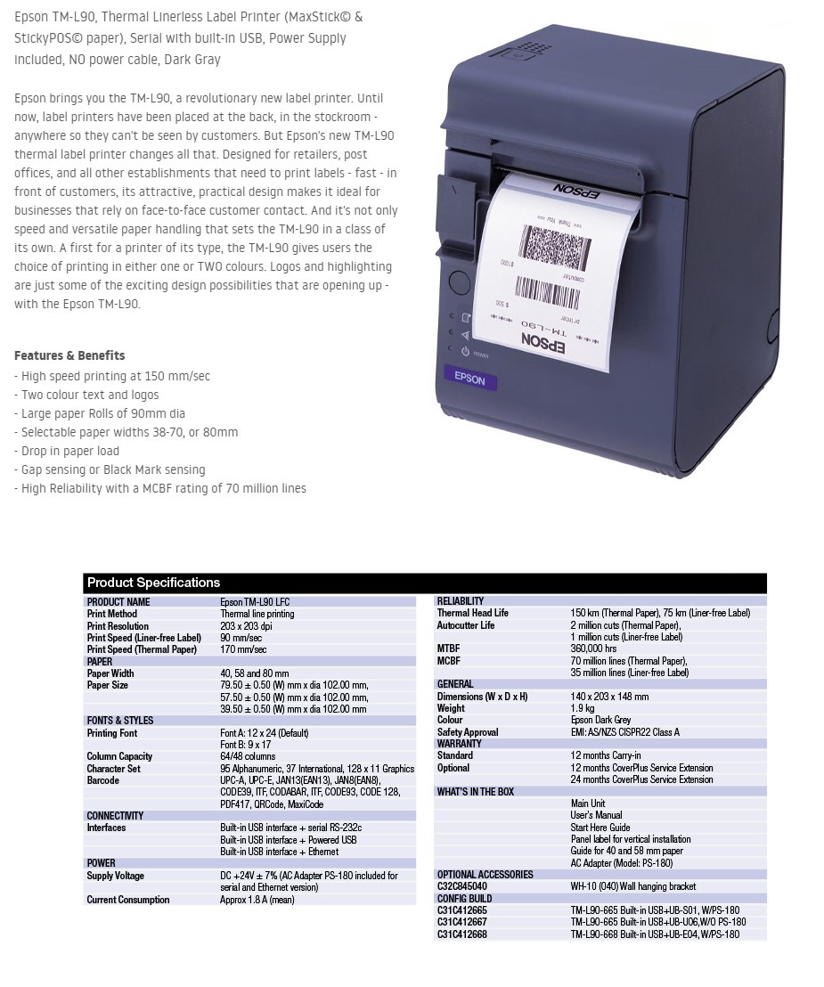 Epson TML90 Thermal Linerless Label Printer Serial & USB