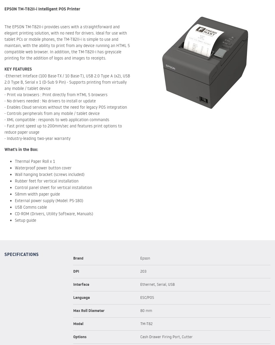 Epson TMT82IIi Intelligent POS Thermal Printer Serial