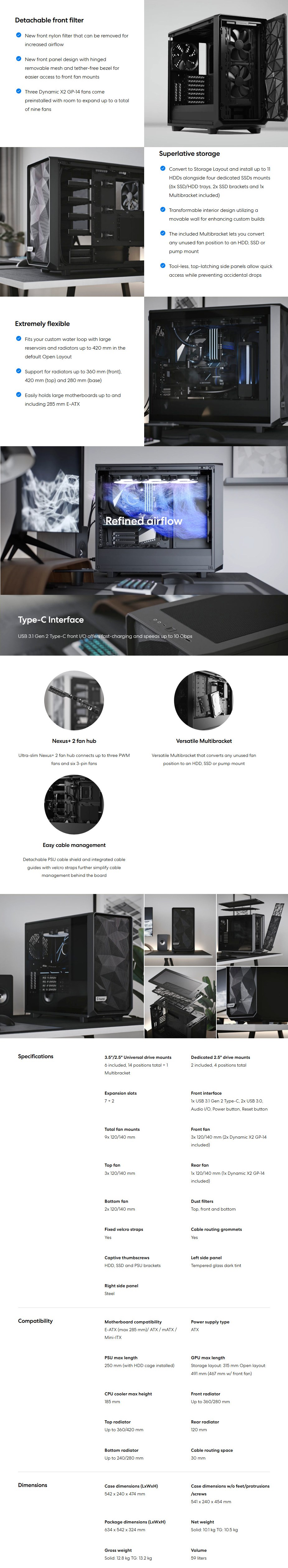 Fractal Design Meshify 2 TG Light Tint USB-C Mid-Tower E-ATX Case - Black - Overview 1