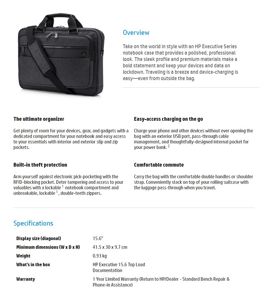 HP Executive Top Load Bag for 15.6" Laptops 6KD06AA Mwave