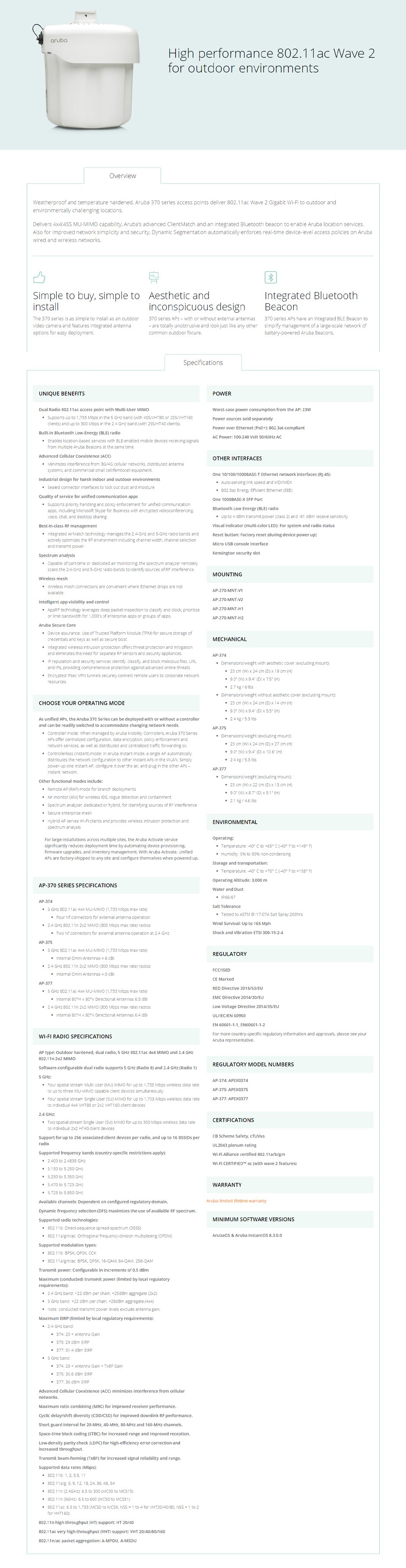 HPE Aruba AP-377 802.11ac Dual-Radio 4x4 MU-MIMO Wave 2 Directional Outdoor AP - Overview 1