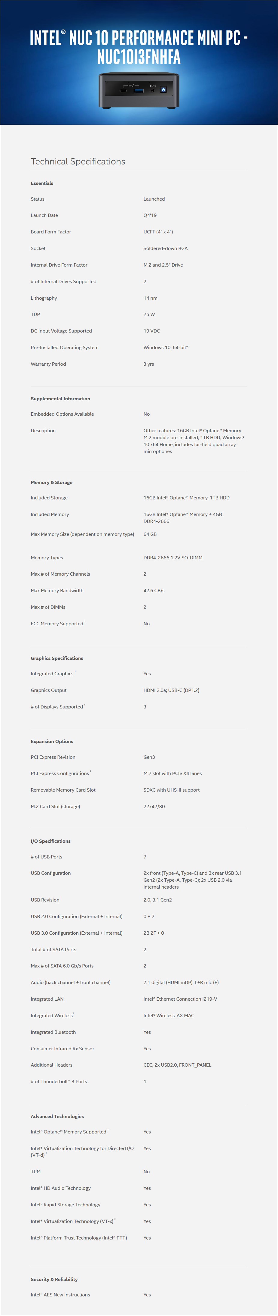 Intel BXNUC10I3FNHFA NUC Mini PC - Core i3-10110U 4GB 1TB+16GB Optane W10H - Overview 1