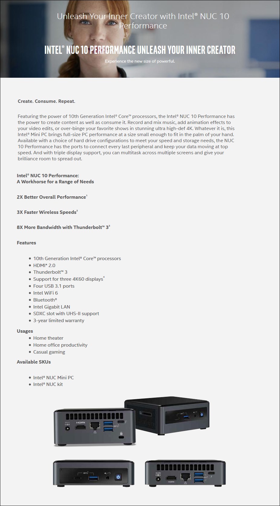 Intel BXNUC10I3FNHFA NUC Mini PC - Core i3-10110U 4GB 1TB+16GB Optane W10H - Overview 2