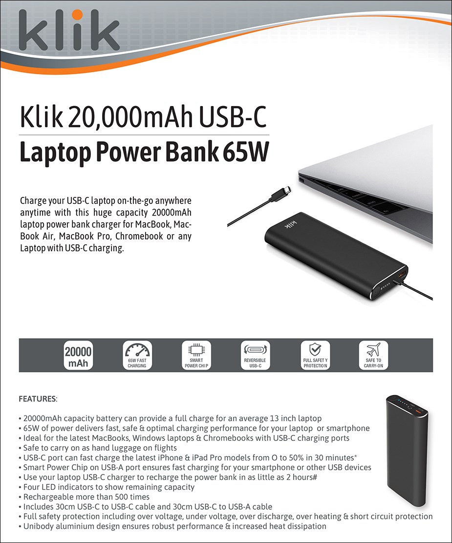 Klik 20000mAh 65W USBC Laptop Power Bank KPBUC20 Mwave