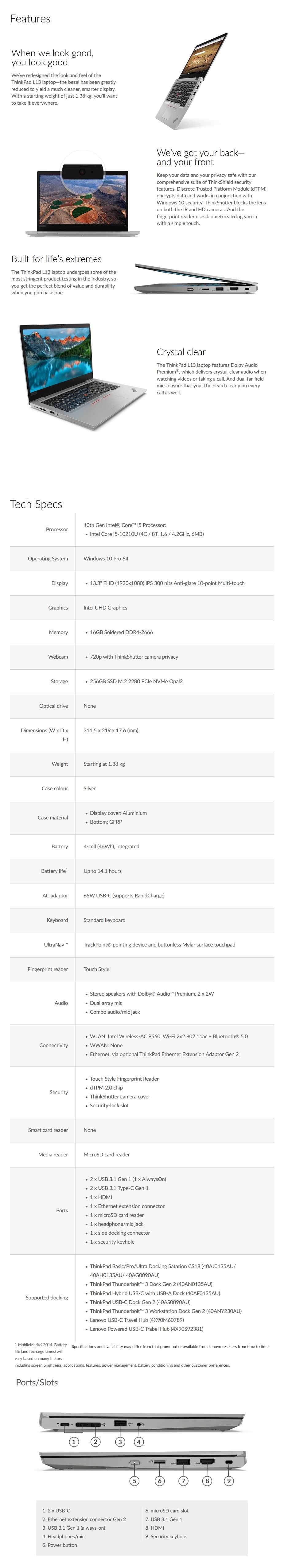 Lenovo ThinkPad L13 13.3" Laptop i5-10210U 16GB 256GB W10P Touch - Overview 1