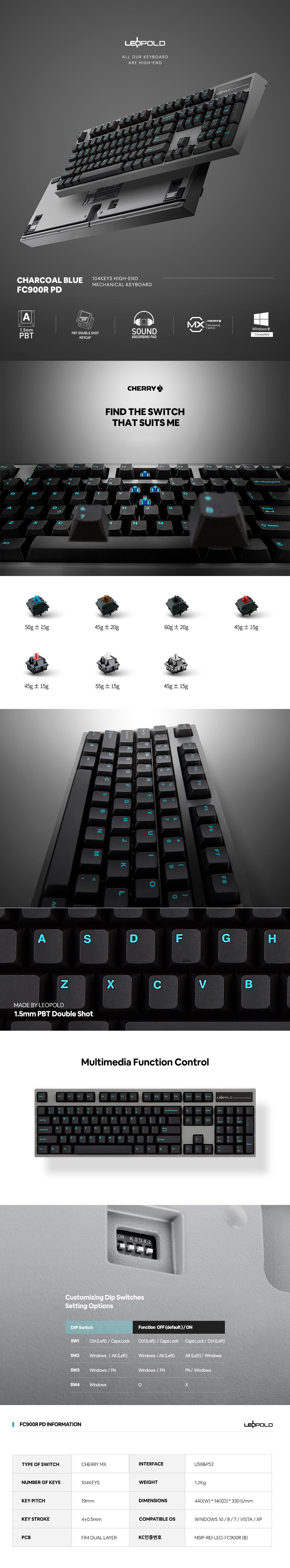 Leopold FC900R PD Charcoal/Blue Mechanical Keyboard - Overview 1