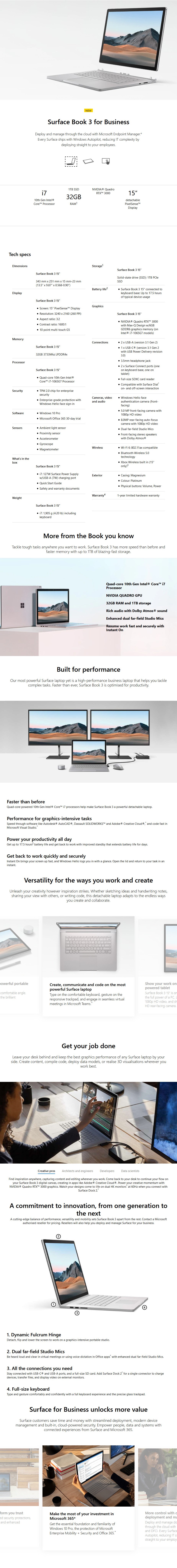 Microsoft Surface Book 3 For Business 15 I7 32gb 1tb Rtx 3000 Win10 Pro Tlv 00015 Mwave Com Au