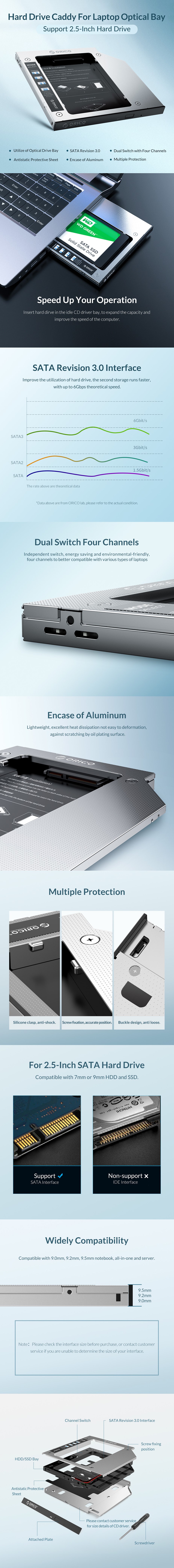Orico L95SS-V1 Aluminum Internal Hard Drive Caddy for Laptop CD-ROM - Silver - Overview 1