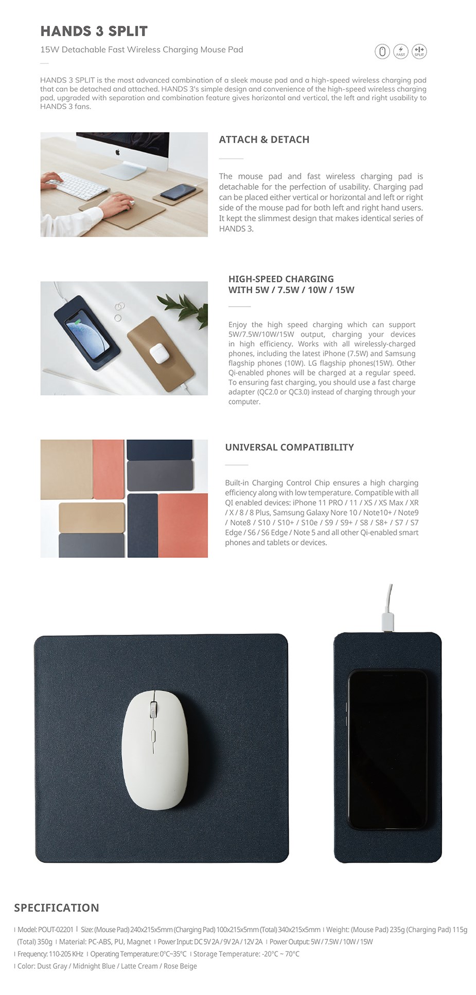 Pout Hands3 Split Detachable Fast Wireless Charging Mouse Pad - Midnight Blue - Overview 1