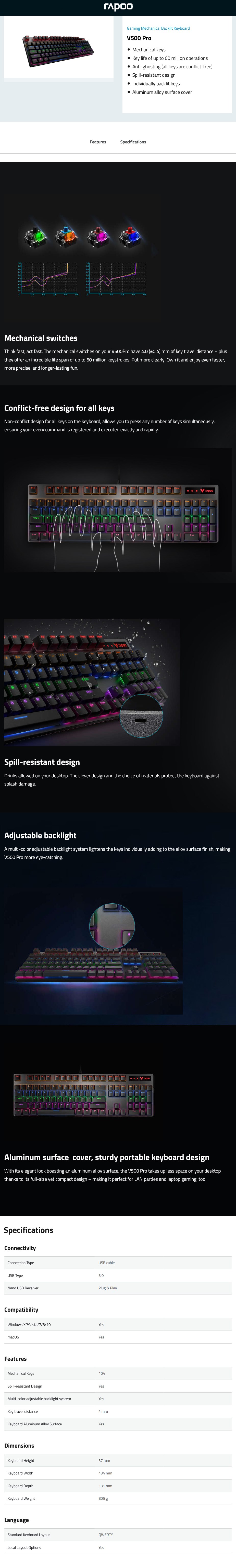 Rapoo V500 Pro Backlit Mechanical Gaming Keyboard - Blue Switch - Overview 1