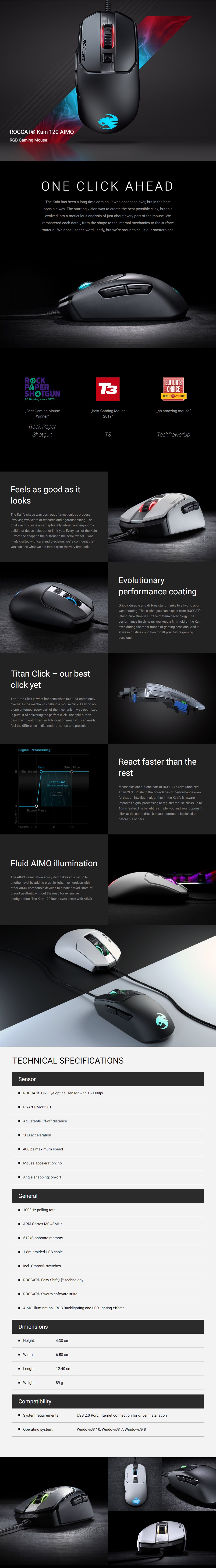 Roccat Kain 1 Aimo Rgb Optical Gaming Mouse Roc 11 612 Bk Mwave