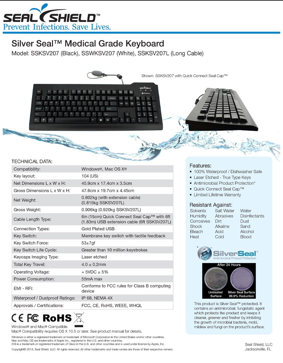 Seal Shield Medical Grade Waterproof Keyboard - White - Overview