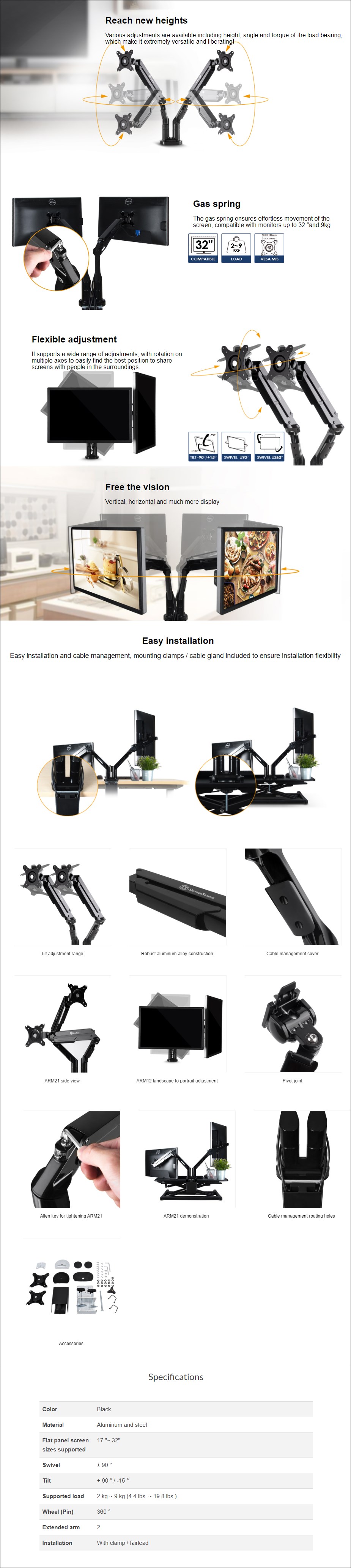 SilverStone ARM21 Gas Spring Dual Monitor Arm Desk Mount 17"32" SSTARM21B Mwave