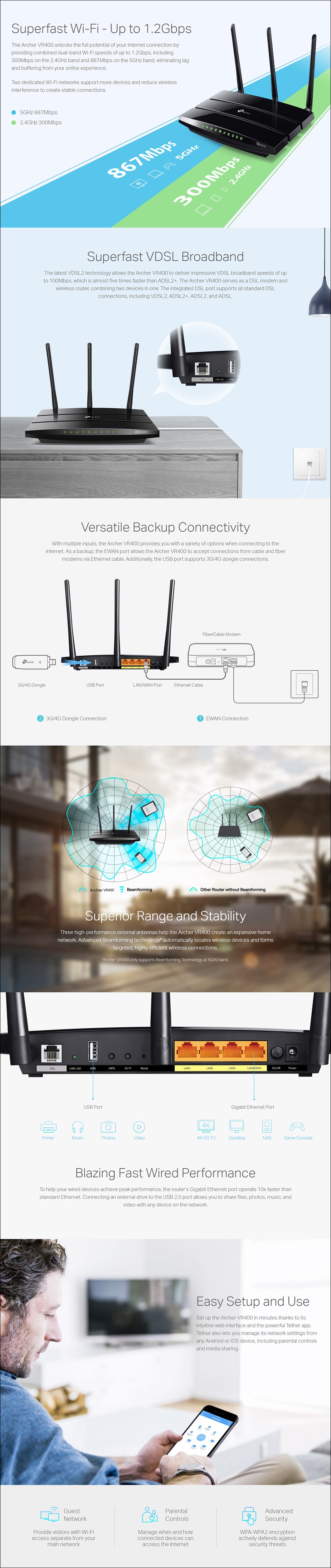 TP-Link Archer VR400 AC1200 Wireless VDSL/ADSL Modem Router - NBN Ready - Overview 1