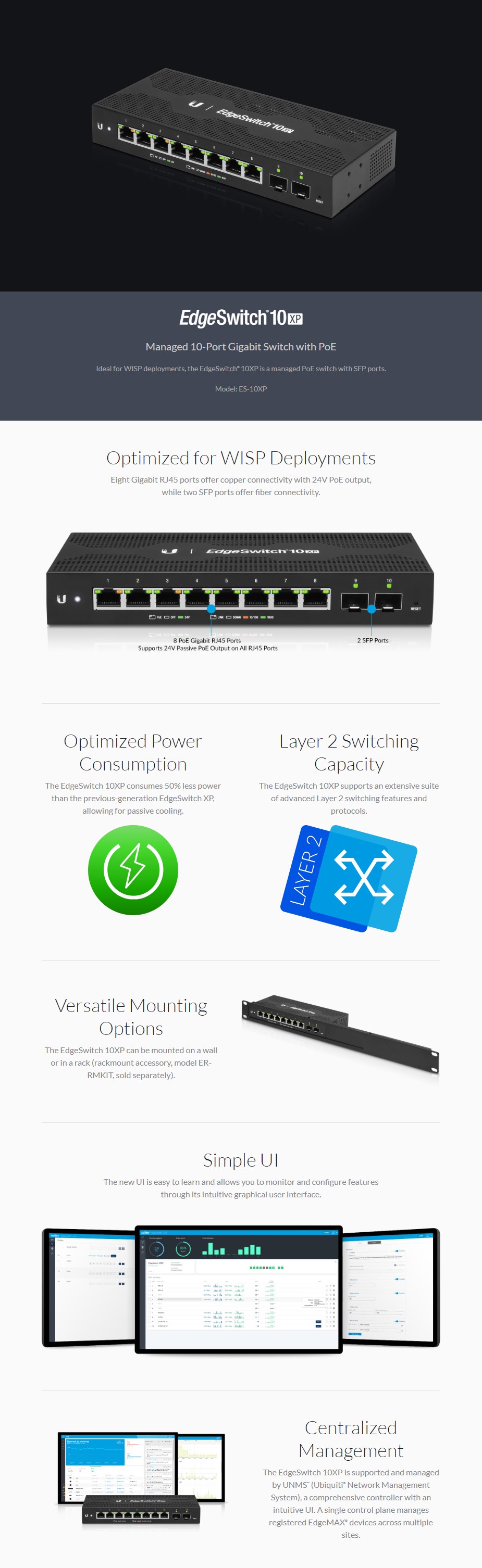Ubiquiti Networks EdgeSwitch Managed 10Port Gigabit Switch with PoE