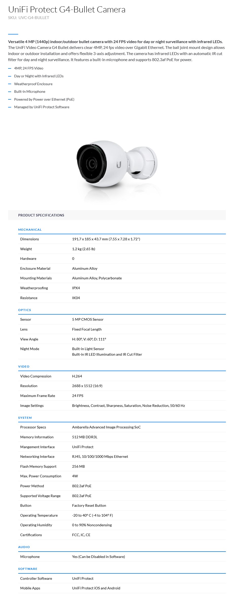 Ubiquiti Networks UniFi UVCG4Bullet 1440p QHD IP Surveillance Camera