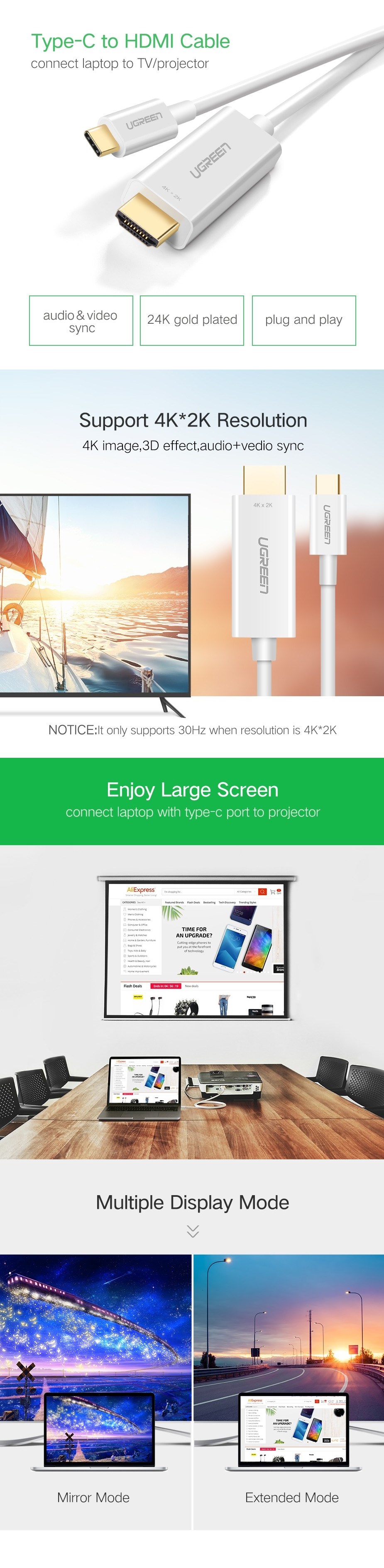 Ugreen 30841 1.5m Type-C Male to HDMI Male Cable - White - Overview 1