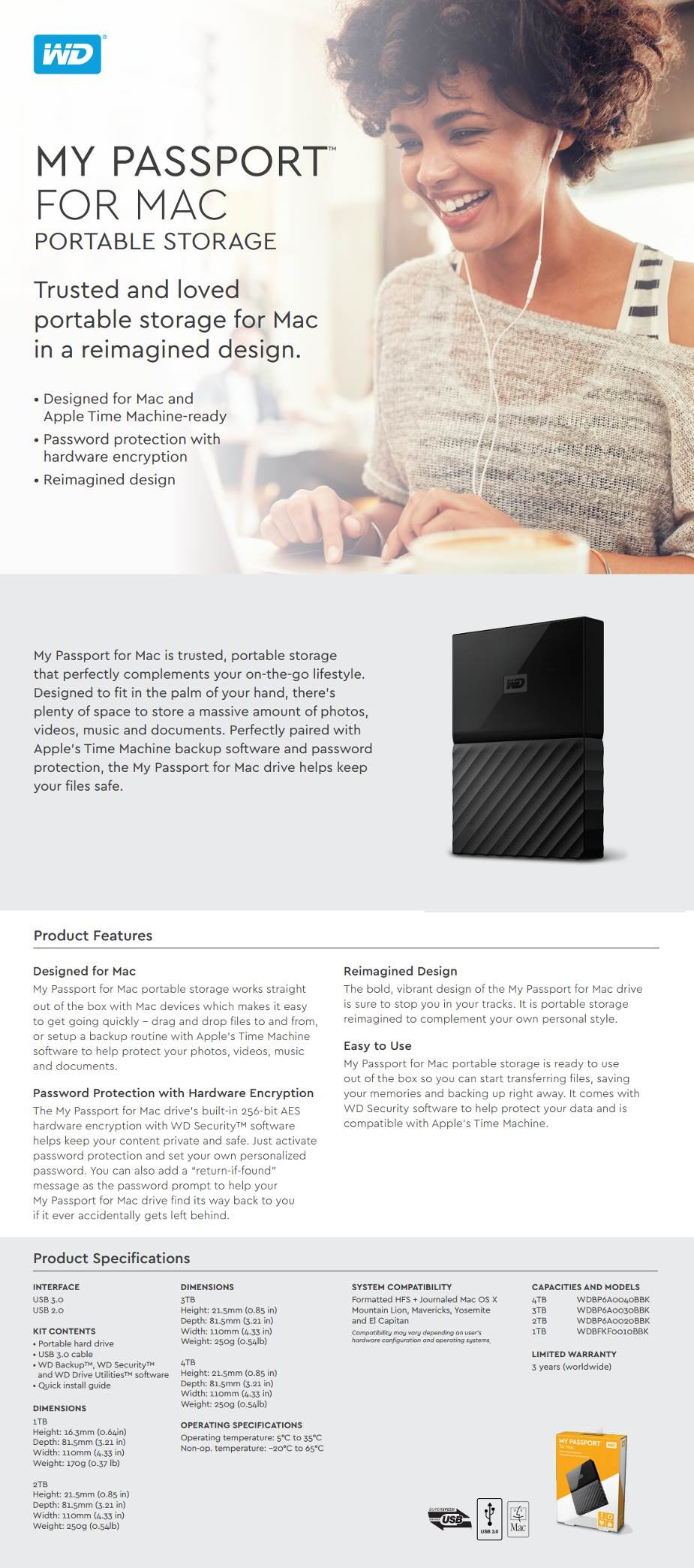 wd 2tb black my passport for mac portable external hard drive - usb 3.0 - wdbp6a0020bbk-wesn